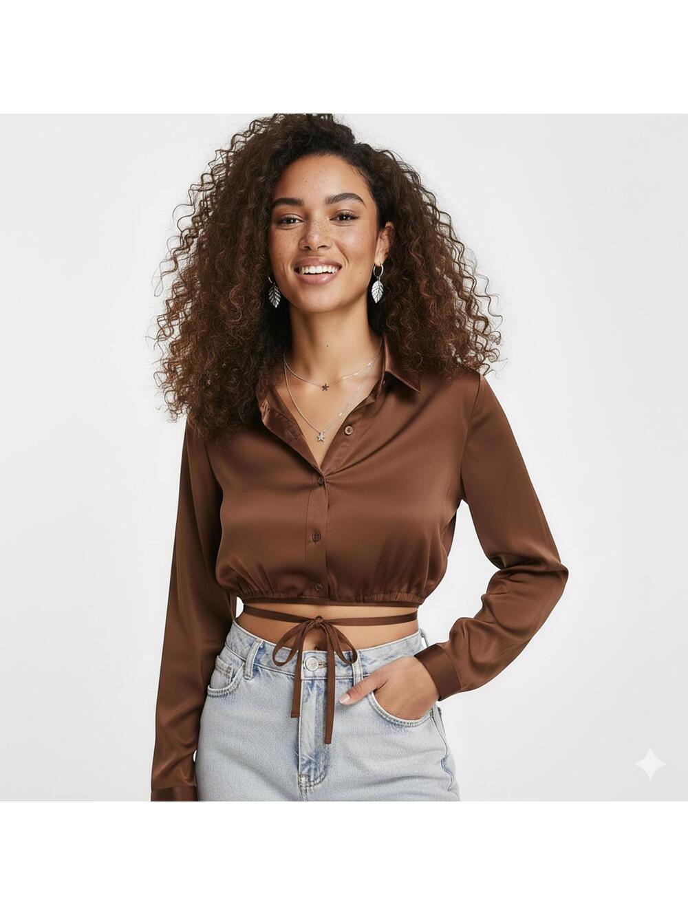 Princess Polly - Pretty Darling Chocolate Brown Satin Tie Front Blouse - 4